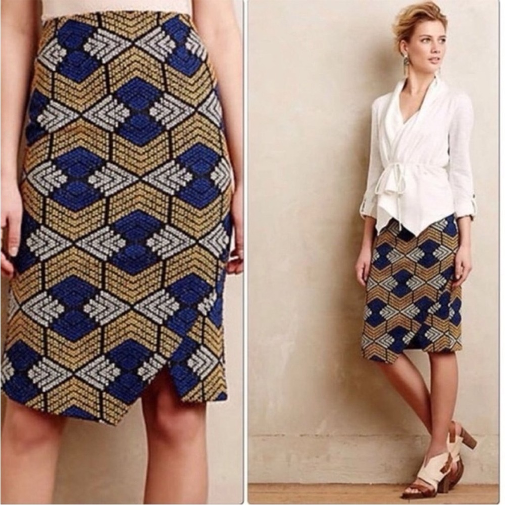 Anthropologie Maeve Kanara Pencil Skirt Geometric‎ Textured Print Size 2P